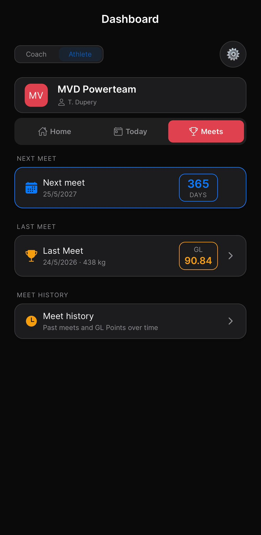 PowCircle athlete dashboard — Meets tab