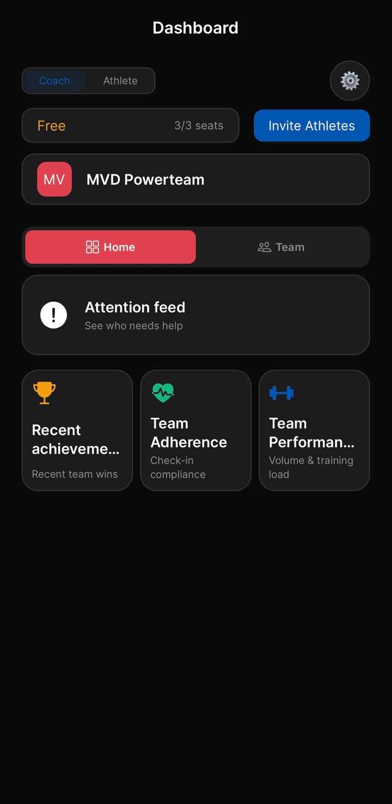 PowCircle coach dashboard — Home tab